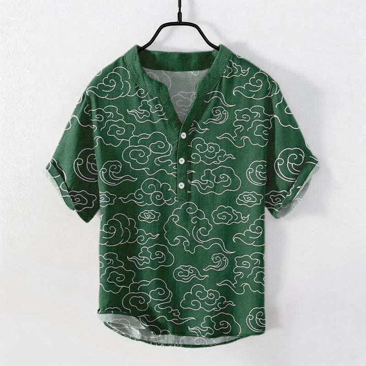 Buddha Stones Camicia da uomo a maniche corte con mezza abbottonatura e fantasia a nuvole in cotone. - Verde mare - US/UK/AU50, EU60 (5XL) - image 5