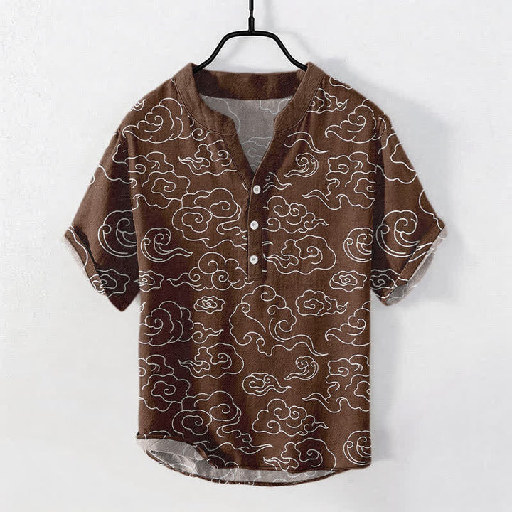 Buddha Stones Camicia da uomo a maniche corte con mezza abbottonatura e fantasia a nuvole in cotone. - Marrone sella - US/UK/AU50, EU60 (5XL) - image 7