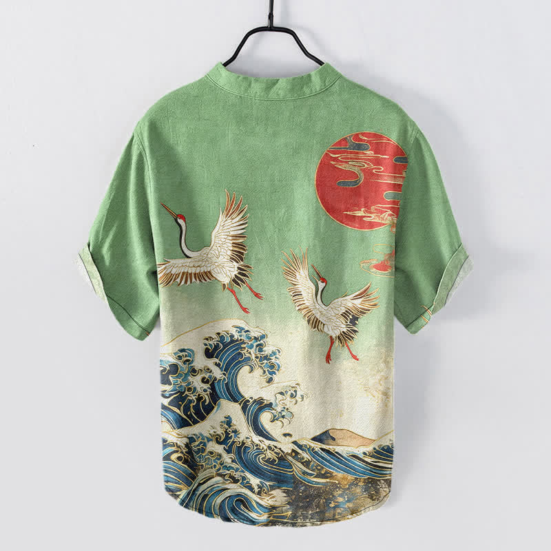 Buddha Stones Camicia da uomo a maniche corte con mezza abbottonatura, in cotone, con motivo a onde e sole e gru. - image 6