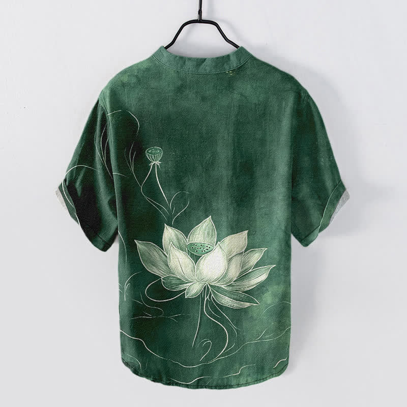 Buddha Stones Camicia da uomo a maniche corte con mezza abbottonatura e motivo a loto in cotone. - image 1