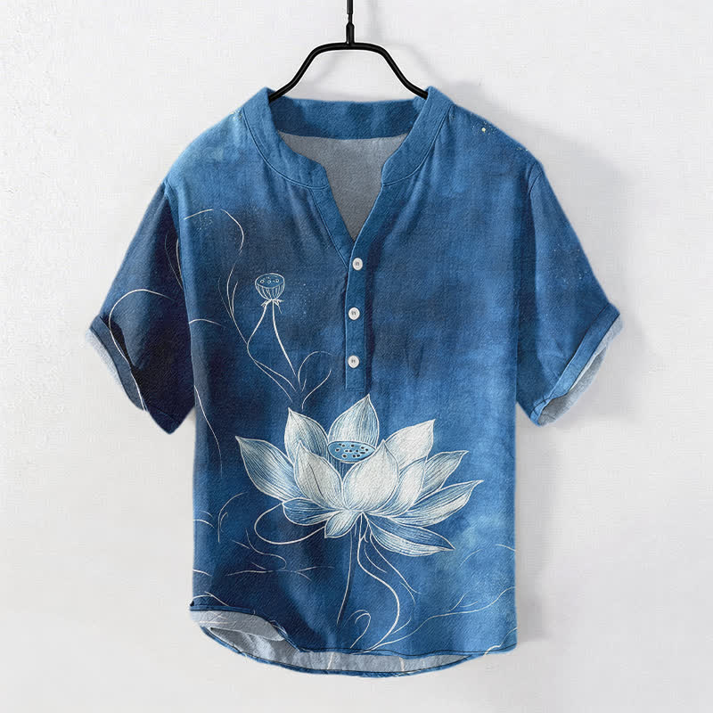 Buddha Stones Camicia da uomo a maniche corte con mezza abbottonatura e motivo a loto in cotone. - SteelBlue - US/UK/AU50, EU60 (5XL) - image 7