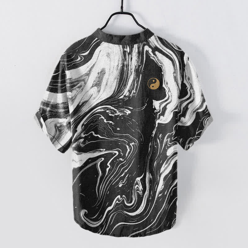 Buddha Stones Camicia da uomo a maniche corte con mezza abbottonatura, in cotone, con motivo Tai Chi. - image 1