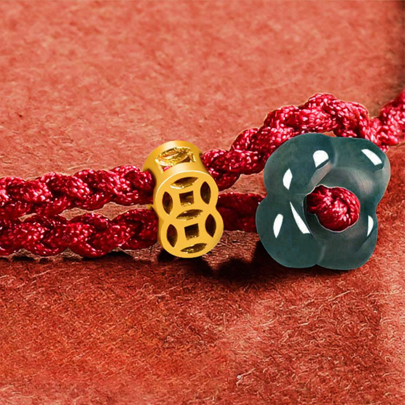 Buddha Stones Braccialetto con fiore di giada, moneta di rame e cordino rosso - image 10