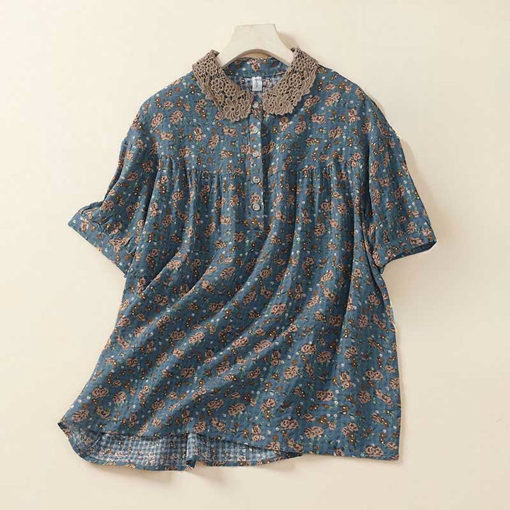 Buddha Stones Camicia da donna a maniche corte in cotone con bottoni frontali e stampa floreale. - Cadetto Blu - US8-10, UK/AU12-14, EU40-42 (2XL) - image 0