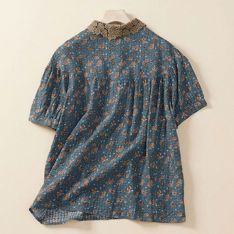 Buddha Stones Camicia da donna a maniche corte in cotone con bottoni frontali e stampa floreale. - image 1