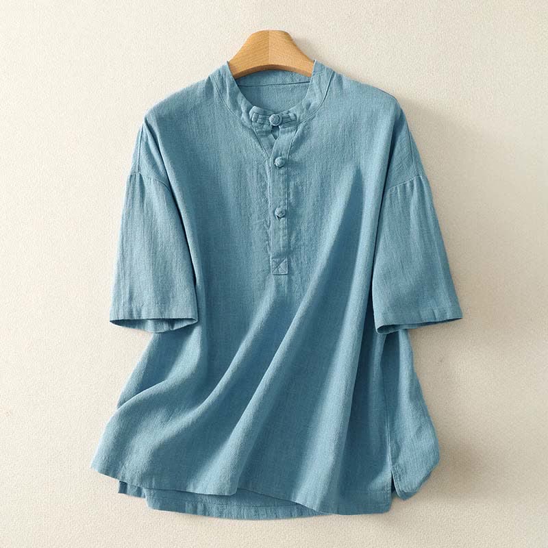 Buddha Stones Camicia da donna estiva a maniche corte in cotone con colletto alla coreana e bottoni. - Azzurro chiaro - US8-10, UK/AU12-14, EU40-42 (2XL) - image 0
