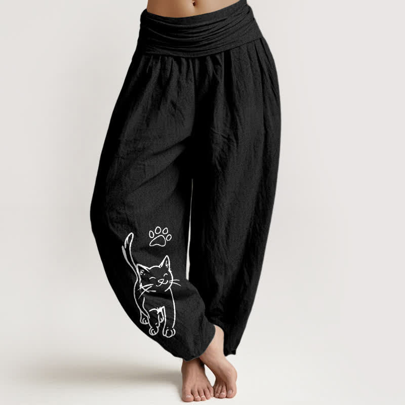 Buddha Stones Pantaloni harem da donna in puro cotone con stampa di gattini e elastico in vita. - Nero - US22, UK/AU26, EU54 (6XL) - image 5