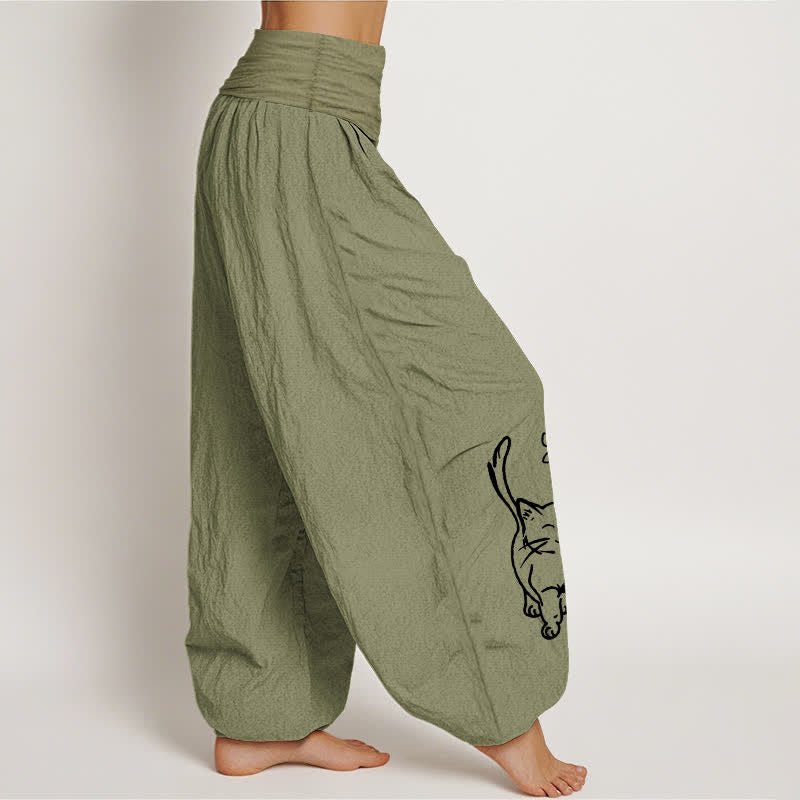 Buddha Stones Pantaloni harem da donna in puro cotone con stampa di gattini e elastico in vita. - image 16