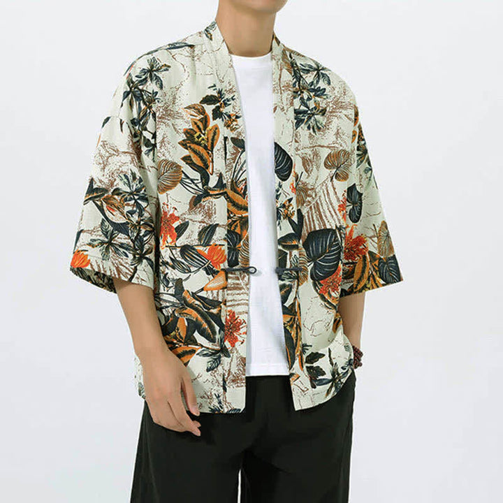 Buddha Stones Kimono da uomo a maniche corte in misto lino con stampa di foglie tropicali estive - image 1