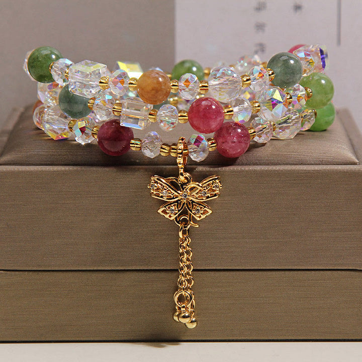 Buddha Stones Bracciale triplo avvolgente con farfalla di tormalina colorata e simbolo di saggezza. - Tormalina (circonferenza del polso 15-16 cm) - image 0