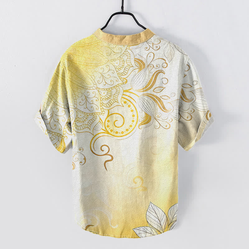 Buddha Stones Camicia da uomo a maniche corte con bottoni a metà, in cotone, con emblema floreale mandala. - image 6