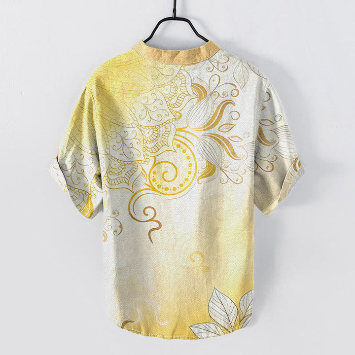 Buddha Stones Camicia da uomo a maniche corte con bottoni a metà, in cotone, con emblema floreale mandala. - image 6