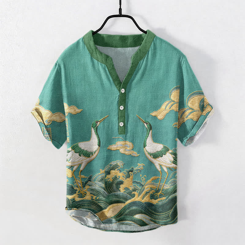 Buddha Stones Camicia da uomo a maniche corte con bottoni a metà, in cotone, con emblema della gru e delle onde. - Turchese medio - US/UK/AU50, EU60 (5XL) - image 6