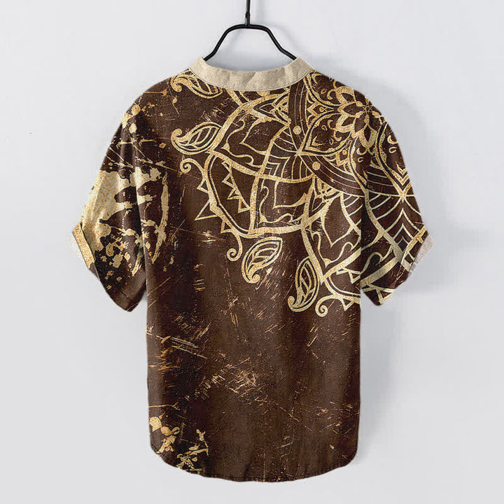 Buddha Stones Camicia da uomo a maniche corte con bottoni a metà, in cotone, con emblema mandala di loto. - image 6