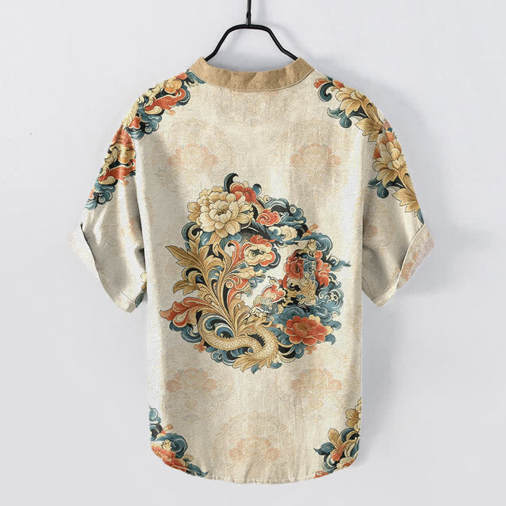 Buddha Stones Camicia da uomo a maniche corte con mezza abbottonatura, in cotone, con motivo peonia orientale e fenice. - image 1