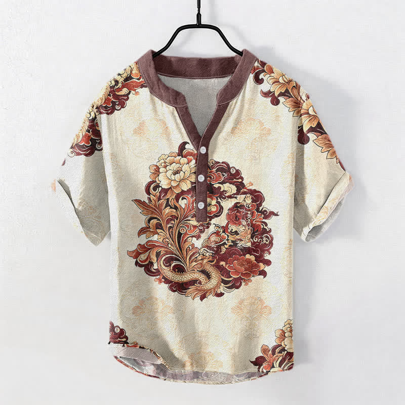 Buddha Stones Camicia da uomo a maniche corte con mezza abbottonatura, in cotone, con motivo peonia orientale e fenice. - Marrone - US/UK/AU50, EU60 (5XL) - image 3
