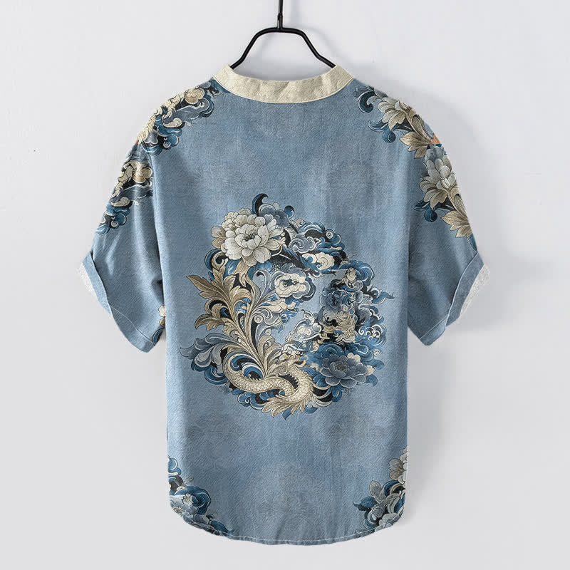 Buddha Stones Camicia da uomo a maniche corte con mezza abbottonatura, in cotone, con motivo peonia orientale e fenice. - image 6