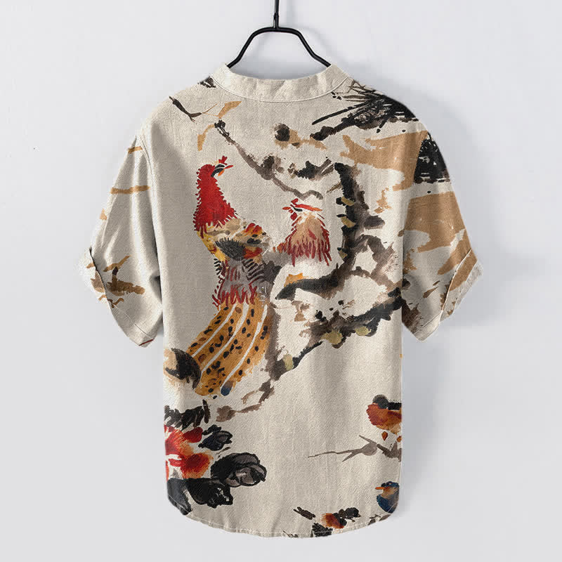 Buddha Stones Camicia da uomo a maniche corte con mezza abbottonatura, in cotone, con stampa floreale e gallo. - image 1