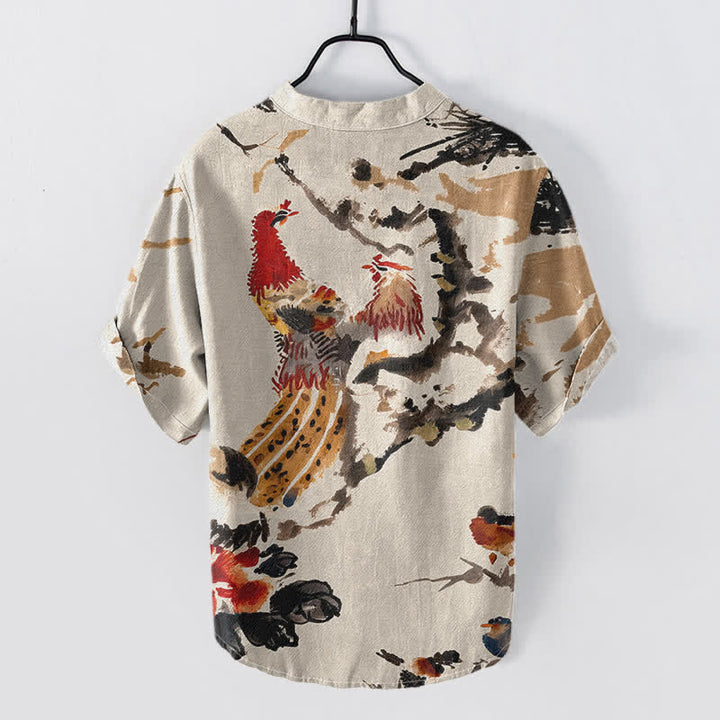 Buddha Stones Camicia da uomo a maniche corte con mezza abbottonatura, in cotone, con stampa floreale e gallo. - image 1