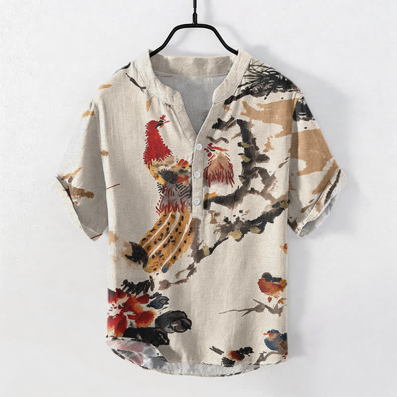 Buddha Stones Camicia da uomo a maniche corte con mezza abbottonatura, in cotone, con stampa floreale e gallo. - Biancheria - US/UK/AU50, EU60 (5XL) - image 0