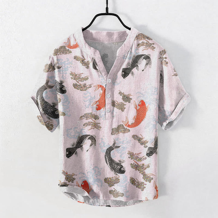 Buddha Stones Camicia da uomo a maniche corte con mezza abbottonatura e motivo a onde e pesci koi in cotone. - Lavanda Rosa - US/UK/AU50, EU60 (5XL) - image 5