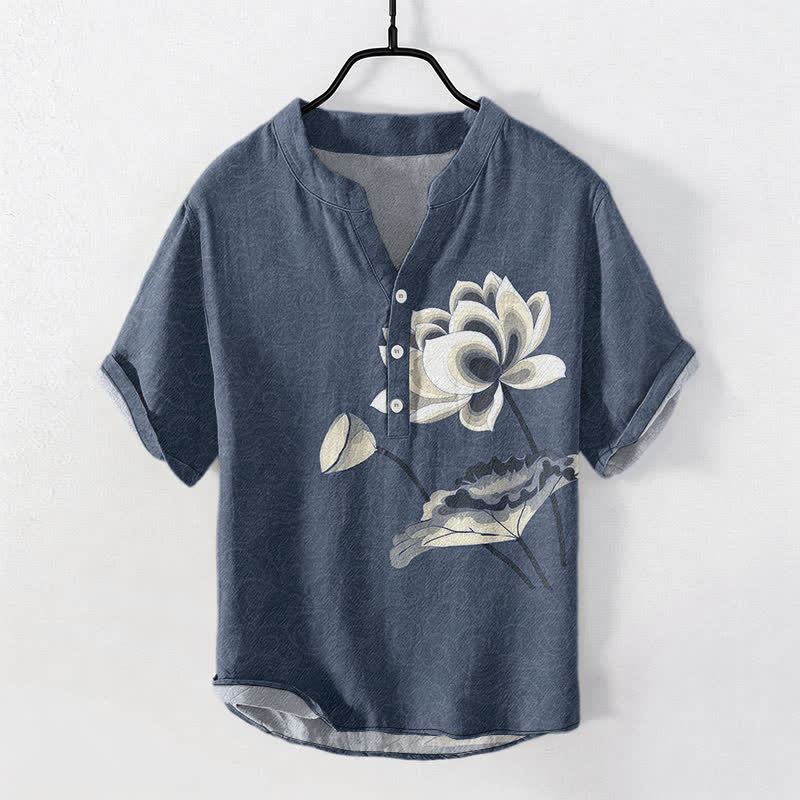 Buddha Stones Camicia da uomo a maniche corte con mezza abbottonatura, in cotone, con motivo a loto acquerellato. - SteelBlue - US/UK/AU50, EU60 (5XL) - image 5