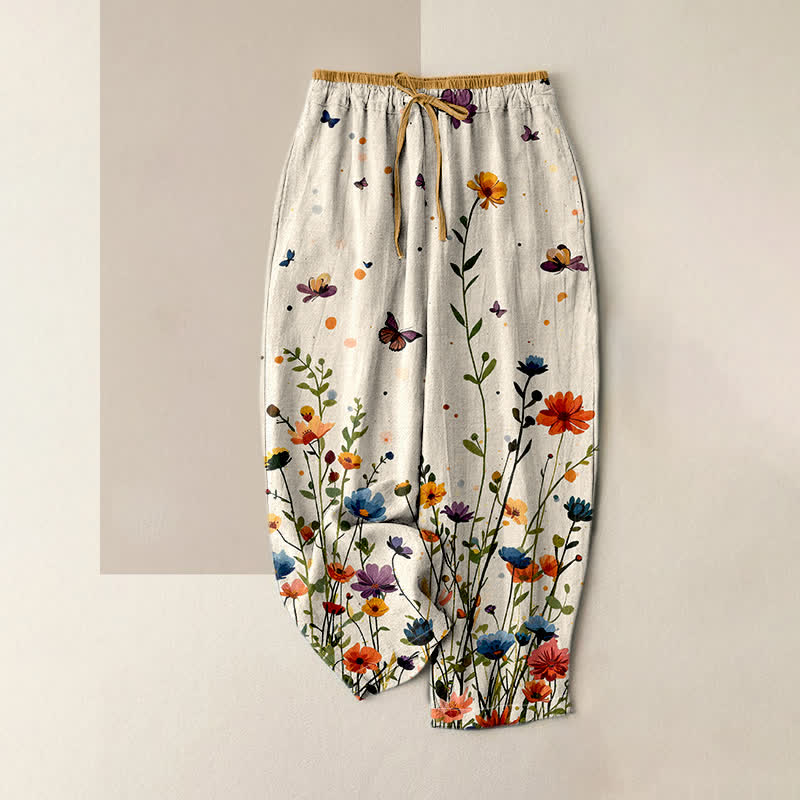Buddha Stones Pantaloni da donna in puro cotone con elastico in vita e tasche, fantasia floreale e farfalle in stile bohémien. - Avorio - US16, UK/AU20, EU48 (3XL) - image 0