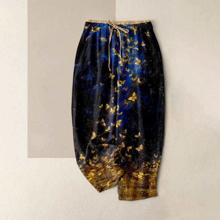 Buddha Stones Pantaloni da donna in puro cotone con elastico in vita e tasche, fantasia a farfalle dorate sfumate. - Blu mezzanotte - US16, UK/AU20, EU48 (3XL) - image 0