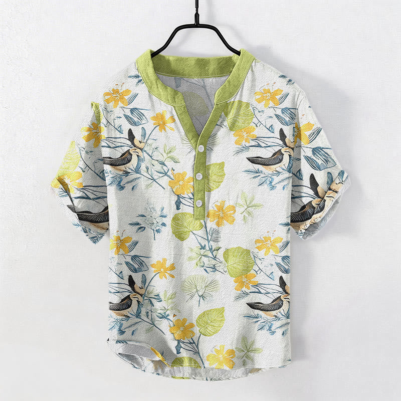 Buddha Stones Camicia da uomo a maniche corte con mezza abbottonatura, in cotone, con motivo floreale tropicale e uccelli. - Verde Giallo - US/UK/AU50, EU60 (5XL) - image 3