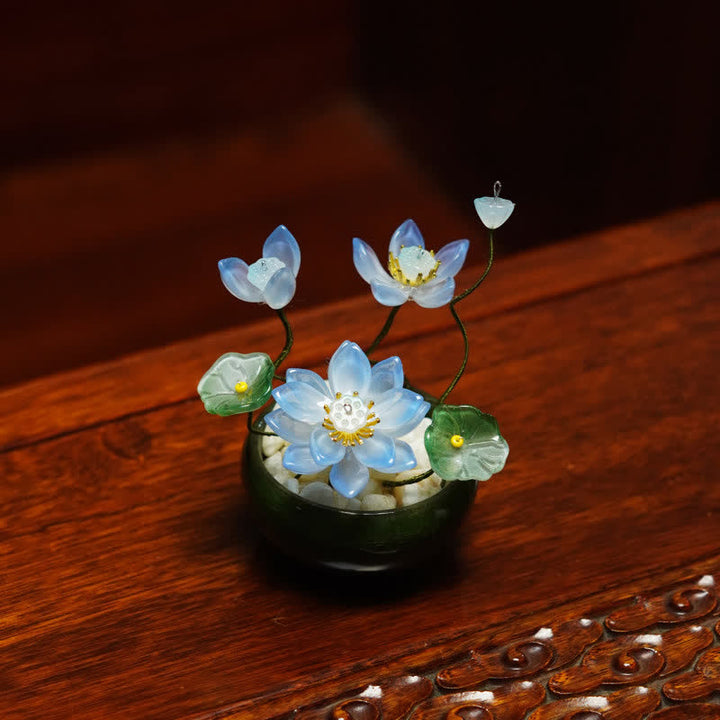 Buddha Stones Vaso da fiori Lotus Liuli fatto a mano, decorazione per uno stile di vita consapevole - Blu - image 4