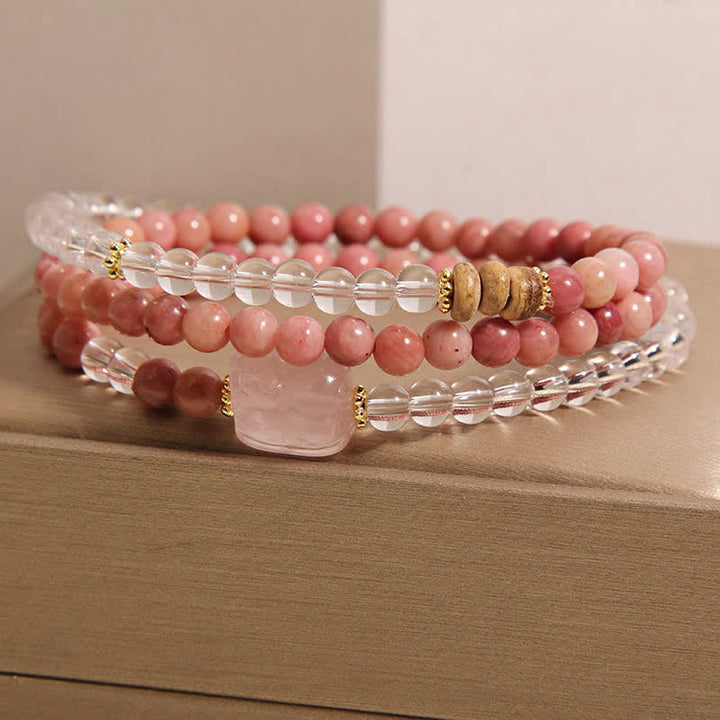 Buddha Stones Bracciale PiXiu a triplo giro in rodonite, quarzo trasparente e quarzo rosa. - image 1