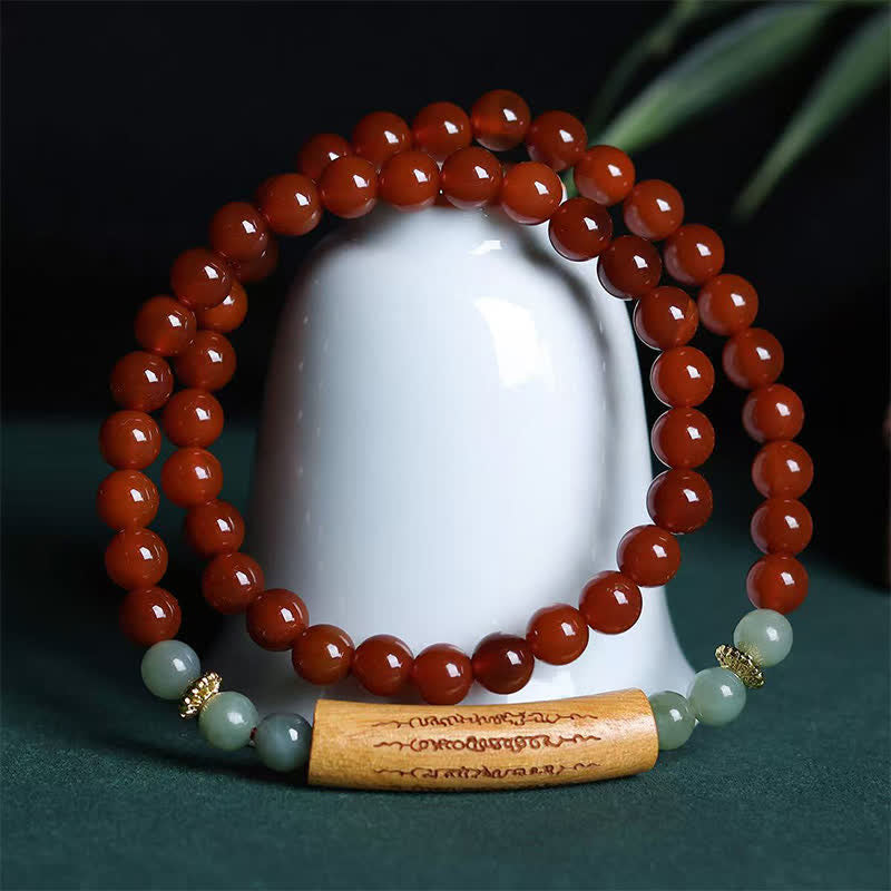 Buddha Stones Bracciale a doppio giro con agata rossa e avventurina verde, cinque precetti buddisti ed equilibrio - image 1