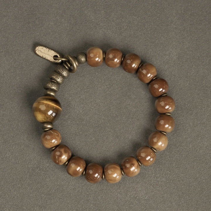 Braccialetto per la fortuna, in ottone, rame e ossidiana , Buddha Stones , semi di Kuka, occhio di tigre e oro lucido - image 2
