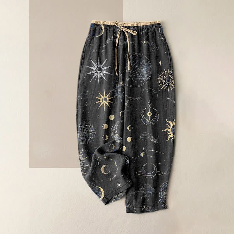 Buddha Stones Pantaloni da donna in puro cotone con elastico in vita e tasche, fantasia celeste sole, luna e stelle. - Grigio scuro - US16, UK/AU20, EU48 (3XL) - image 4