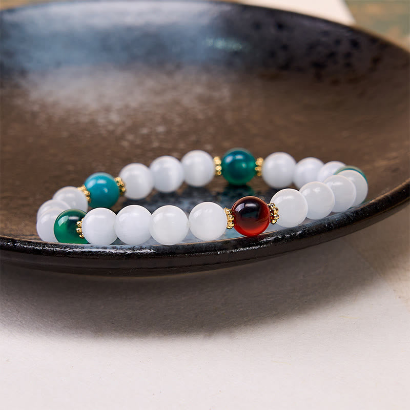 Buddha Stones Braccialetto dell'abbondanza con agata colorata occhio di gatto bianco - image 10