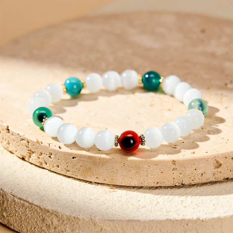 Buddha Stones Braccialetto dell'abbondanza con agata colorata occhio di gatto bianco - Anello in agata Candy con occhio di gatto bianco e venature distanziate (circonferenza del polso 15-16 cm) - image 8
