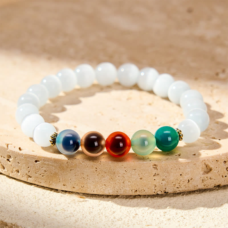 Buddha Stones Braccialetto dell'abbondanza con agata colorata occhio di gatto bianco - Bracciale in agata Candy con occhio di gatto bianco (circonferenza del polso 15-16 cm) - image 0