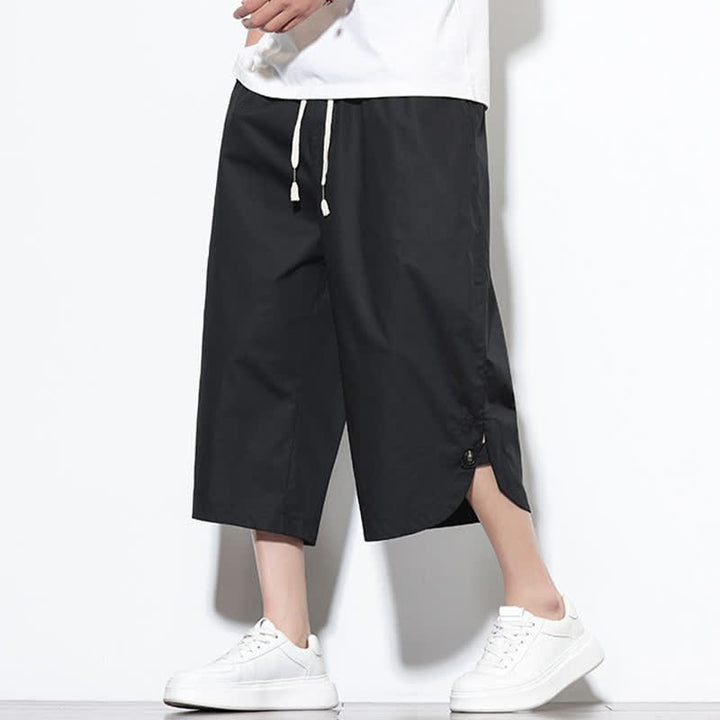 Buddha Stones Pantaloni harem da uomo estivi casual in cotone tinta unita con coulisse e spacchi laterali, con tasche. - Nero - US/UK/AU46, EU56 (5XL) - image 9