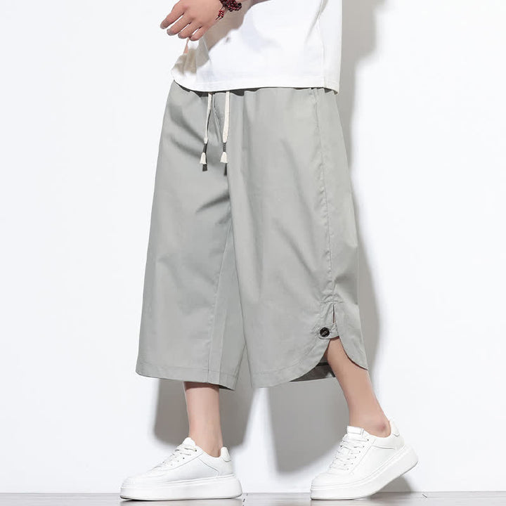 Buddha Stones Pantaloni harem da uomo estivi casual in cotone tinta unita con coulisse e spacchi laterali, con tasche. - Grigio chiaro - US/UK/AU46, EU56 (5XL) - image 18