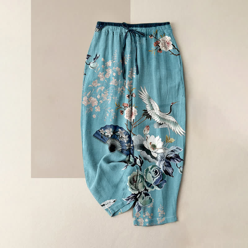 Buddha Stones Pantaloni da donna in puro cotone con elastico in vita e tasche, fantasia a ventaglio con gru orientali. - Cielo Blu - US16, UK/AU20, EU48 (3XL) - image 3