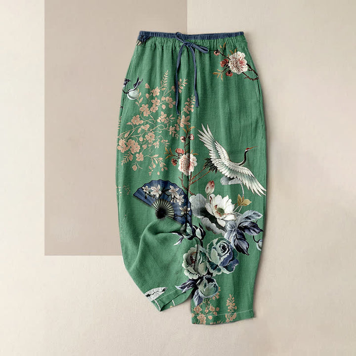 Buddha Stones Pantaloni da donna in puro cotone con elastico in vita e tasche, fantasia a ventaglio con gru orientali. - Verde mare - US16, UK/AU20, EU48 (3XL) - image 4
