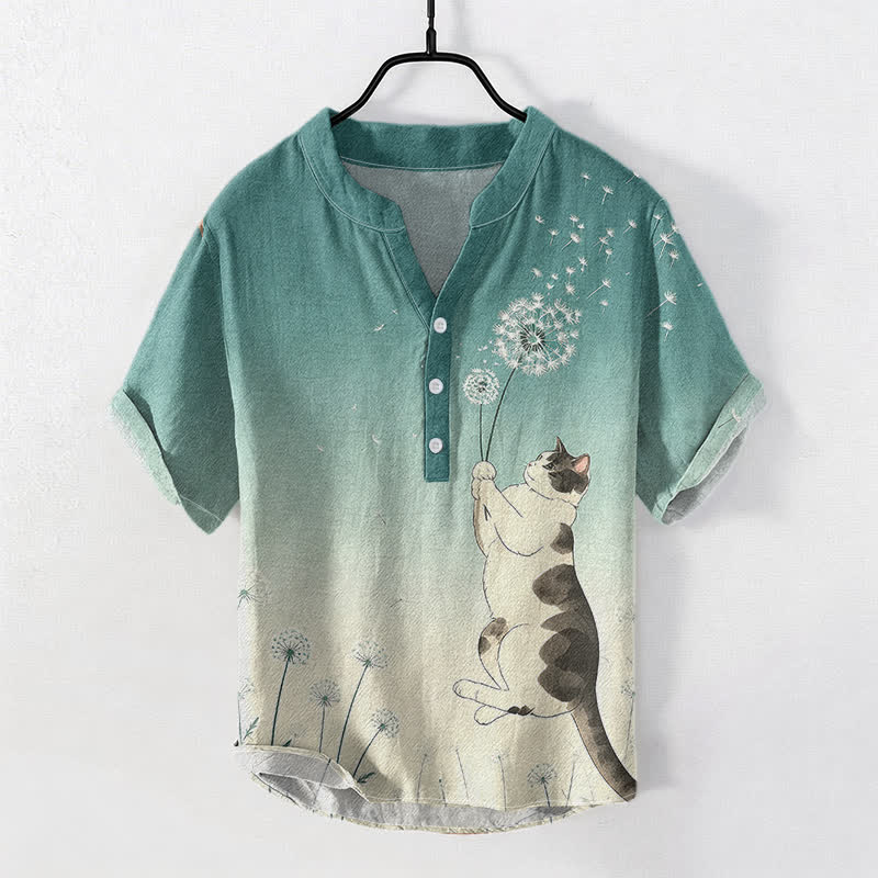 Buddha Stones Camicia da uomo a maniche corte con mezzo bottone, in cotone, con motivo di gatto e dente di leone disegnato a mano. - Verde mare medio - US/UK/AU50, EU60 (5XL) - image 0