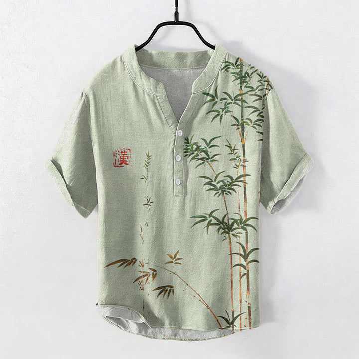 Buddha Stones Camicia da uomo a maniche corte con mezza abbottonatura, in cotone effetto bambù con stampa effetto lavaggio inchiostro. - Verde pallido - US/UK/AU50, EU60 (5XL) - image 0