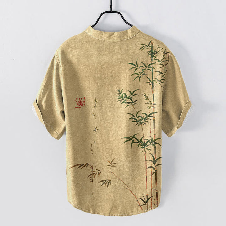 Buddha Stones Camicia da uomo a maniche corte con mezza abbottonatura, in cotone effetto bambù con stampa effetto lavaggio inchiostro. - image 6