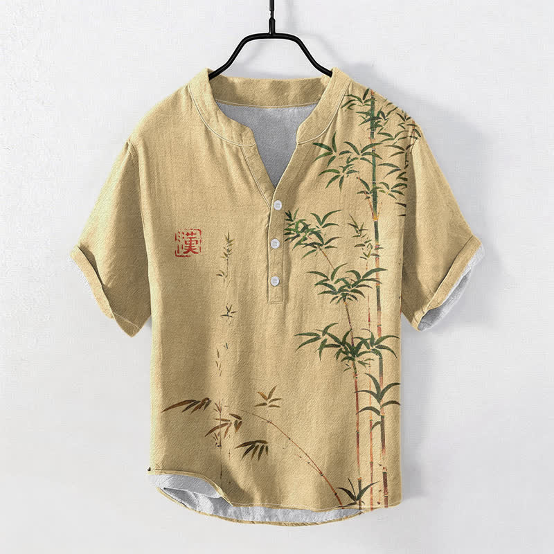 Buddha Stones Camicia da uomo a maniche corte con mezza abbottonatura, in cotone effetto bambù con stampa effetto lavaggio inchiostro. - Legno robusto - US/UK/AU50, EU60 (5XL) - image 5