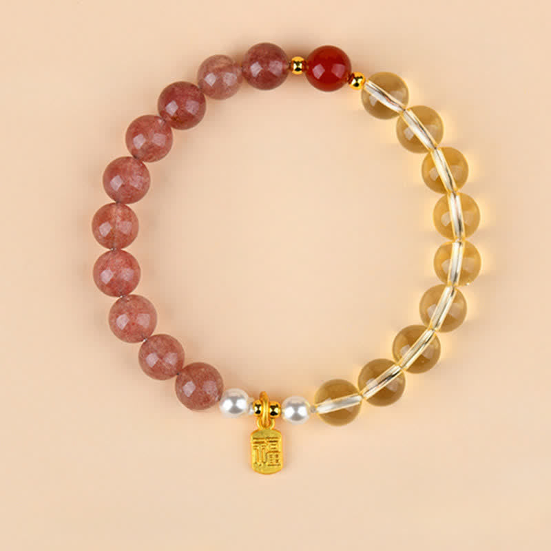 Buddha Stones Bracciale portafortuna con quarzo fragola e citrino, cinque elementi e personaggio Fu - Fuoco Metallo Terra (Circonferenza del polso: 15–16 cm) - image 0