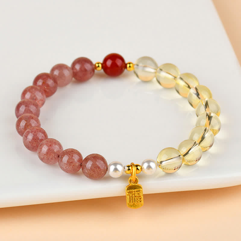 Buddha Stones Bracciale portafortuna con quarzo fragola e citrino, cinque elementi e personaggio Fu - image 1