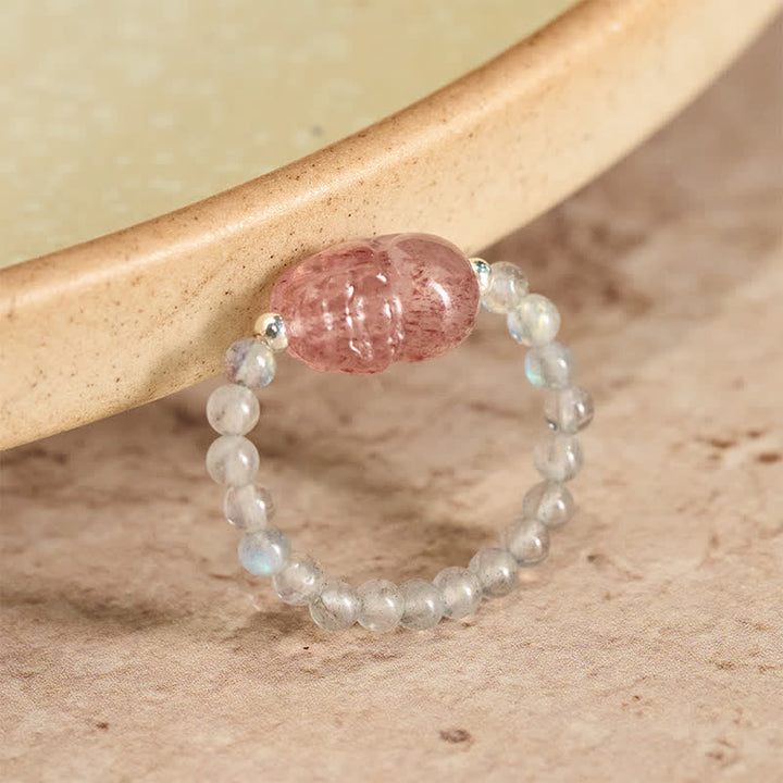 Buddha Stones Anello elastico curativo PiXiu con mini perline da 3 mm in pietra di luna naturale, tormalina, granato, perla, quarzo fragola. - Pietra di luna naturale da 52-53 mm (il colore può variare) - image 9