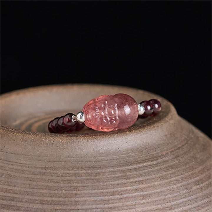 Buddha Stones Anello elastico curativo PiXiu con mini perline da 3 mm in pietra di luna naturale, tormalina, granato, perla, quarzo fragola. - image 2