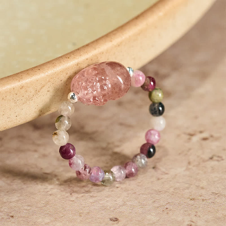 Buddha Stones Anello elastico curativo PiXiu con mini perline da 3 mm in pietra di luna naturale, tormalina, granato, perla, quarzo fragola. - Tormalina naturale da 52-53 mm (il colore può variare) - image 15